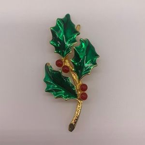Vintage Christmas Holly Brooch Gold Tone Enamel Signed AAi